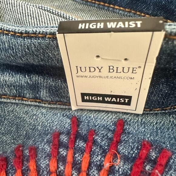 Judy Blue Shorts Womens 1XL Blue Distressed Sun Embroidery High Rise Raw Cut Off - Picture 9 of 12